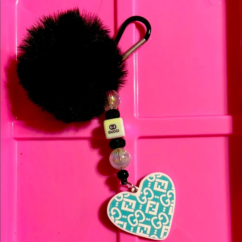 Black Pom Pom Keychain with Blue Heart Charm - Picture 1 of 1